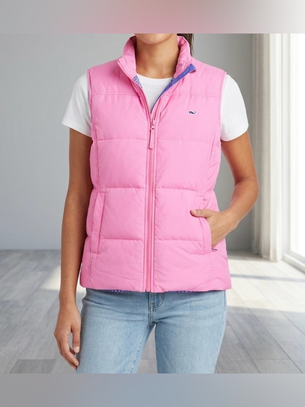 Vineyard Vines Womens Quilted Puffer Vest Pink Full Zip Lightweight Size M